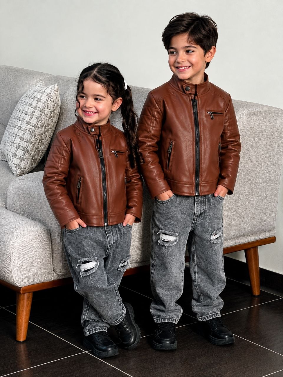 کاپشن چرم بچگانه اسپرت قهوه ای
